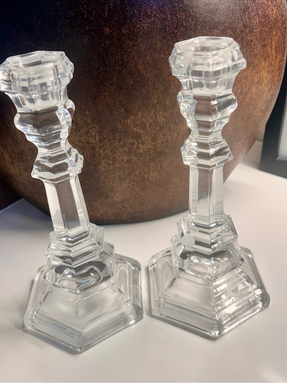 Tiffany & Co. Clear Faceted Glass Candlestick Pair